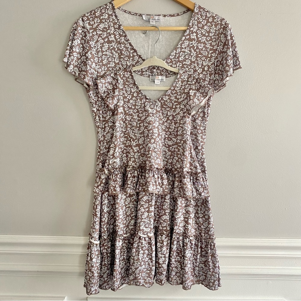 Girls Floral Tiered Dress - Mauve with White Print